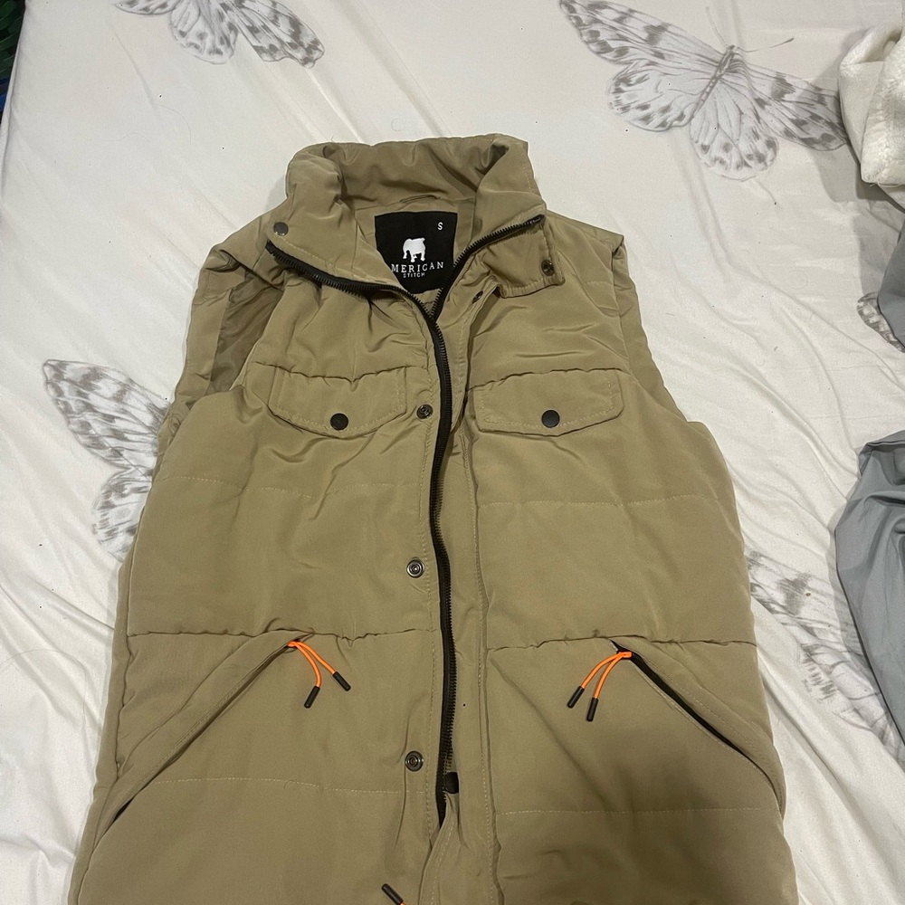Tan Puffer Vest with Orange Accents